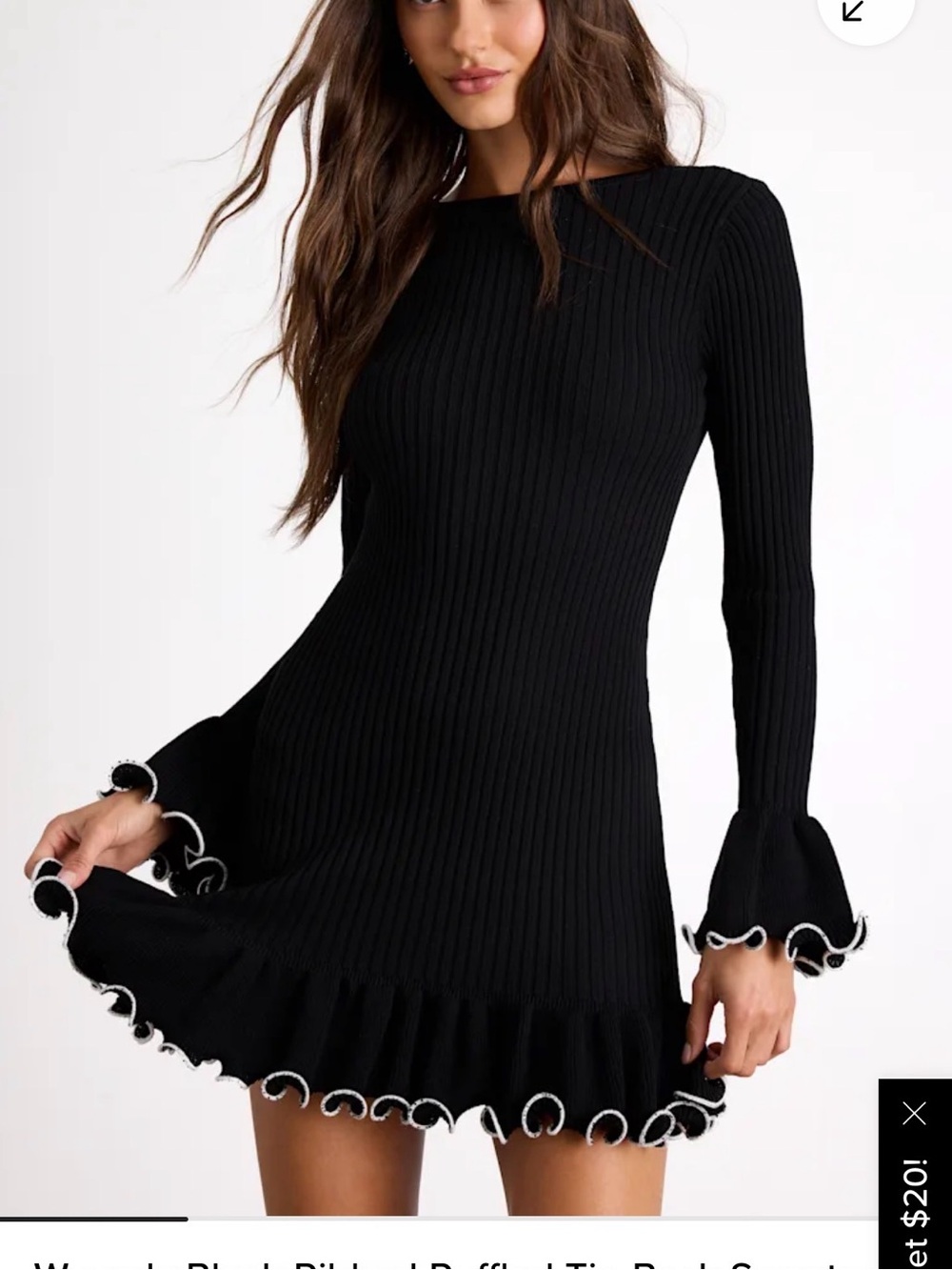 Lulus Waverly Black Ribbed Ruffle Hem Open Back Sweater Dress Size Medium